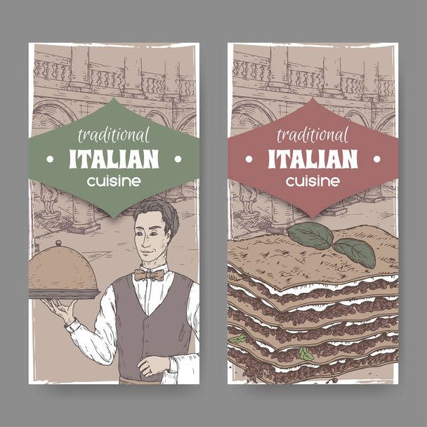 Two vintage labels with waiter, Ilalian pation and lasagna. - Vektor, kép