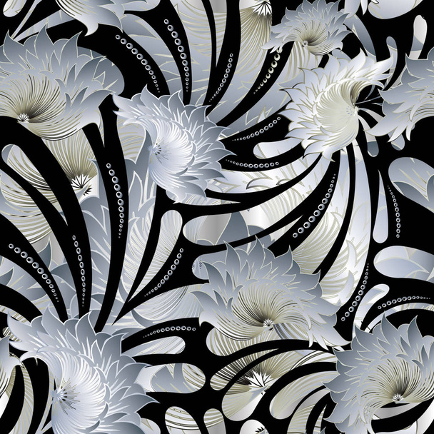 Floral seamless 3d pattern. Vintage black white background. - ベクター画像