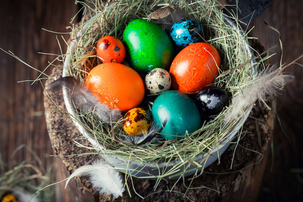 Closeup of colorful Easter eggs with hay and feathers - Foto, afbeelding