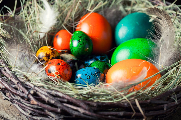 Closeup of various Easter eggs in the rustic cottage - Foto, imagen