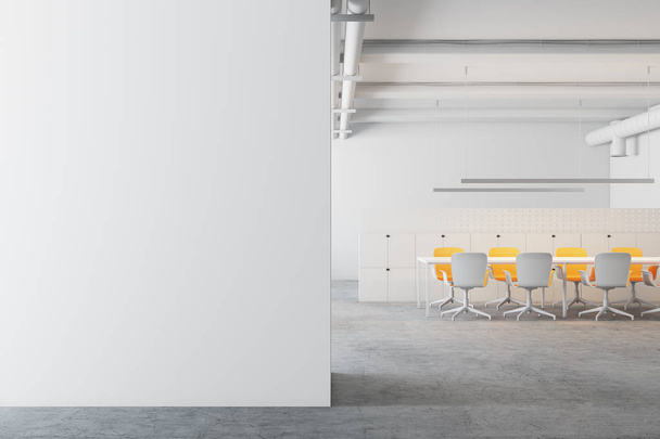 White meeting room, yellow chairs, wall front - 写真・画像