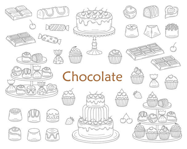 Schokoladendessert-Kollektion mit Schokoladenkuchen, Schokoriegeln, süßen Bonbons und Cupcakes, Vektorillustration. - Vektor, Bild