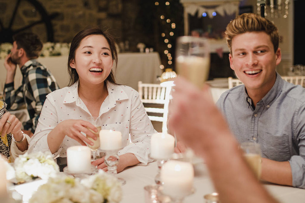Guests Socialising At Wedding Dinner - Zdjęcie, obraz