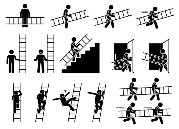 Adam bir merdiven ile. Holding ve yürüyüş ve çalışan bir merdiven taşıyan bir adam gösterilen sembol. Ayrıca yukarı ve aşağı merdiven tırmanma kişi.  - Vektör, Görsel