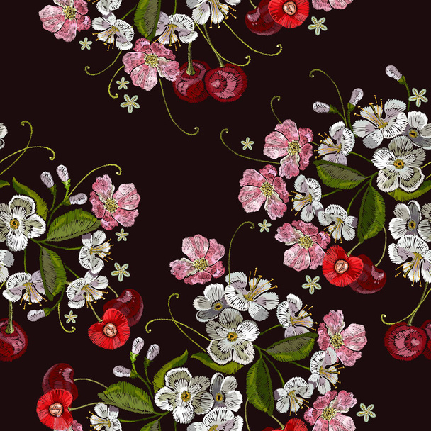 Embroidery cherry. Template for clothes, textiles - Vektori, kuva