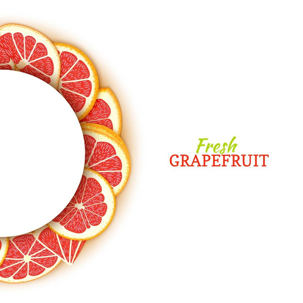 Semicircle white frame composed of delicious tropical red grapefruit. Vector card illustration. Pomelo citrus half-round frame for design of food packaging juice breakfast cosmetics tea detox diet - Vector, Image