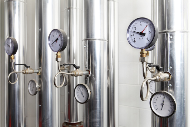 manometer, pipes and faucet valves of heating system in a boiler - Photo, Image