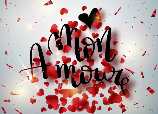 Mon Amour handwritten text greeting card of Falling Shiny Confetti. Card with red heart pattern calligraphy text for greeting card on red background. Calligraphy lettering. Vector. - Vettoriali, immagini