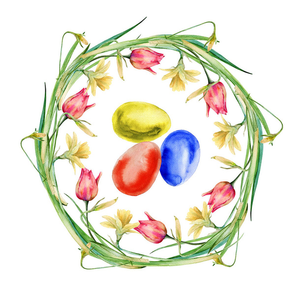 Paskalya çelenk çiçek ve twigs Paskalya yumurtaları ile. Beyaz arka plan üzerinde izole.  - Fotoğraf, Görsel