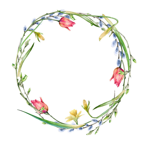 Corona de Pascua de flores y ramitas. Aislado sobre fondo blanco
.  - Foto, imagen