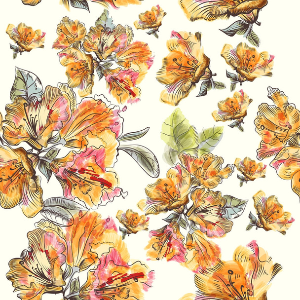 Цветочный узор с цветами азалии в акварели, винтажный стиль
 - Вектор,изображение