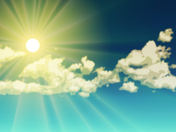 Векторне жовте сонце зі світловими ефектами. сонце з промінням над небом з хмарами
 - Вектор, зображення