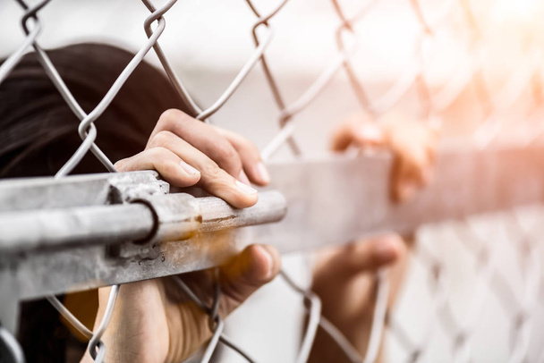 Woman hand holding on chain link fence - Photo, Image