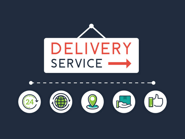 Flat style vector illustration delivery service concept. Delivery text sign with flat line icons. Fast shipping vector illustration. Fast delivery concept - Vektör, Görsel