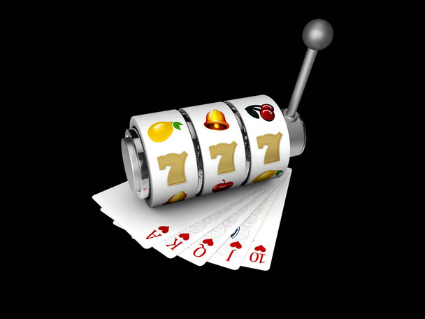 Slot machine con fortunati sette jackpot con carte da gioco, Illustrazione 3d isolato nero
 - Foto, immagini