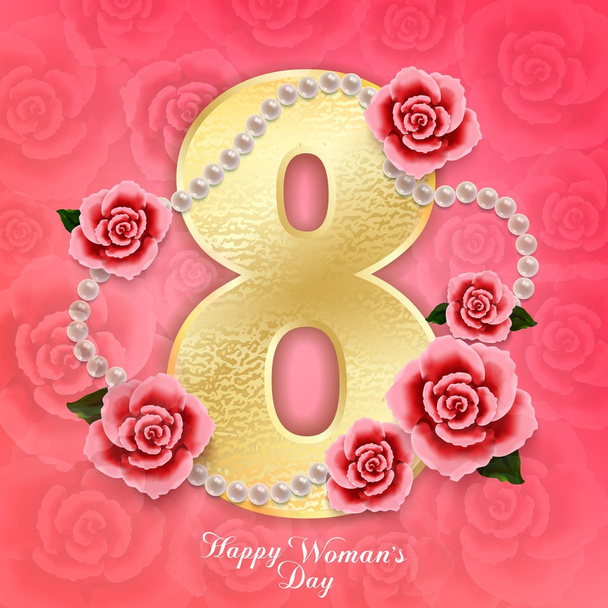 Happy womans day 8 March with roses, hearts and pearls on pink - Vetor, Imagem