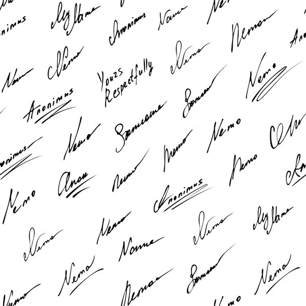 Signature Vector Icon Seamless Background. Fictitious Signatures Pattern on White Background - Vector, Image