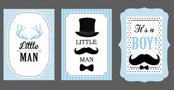 Little man birthday party. Baby shower party. Vector poster: bow tie, hat and mustache design elements. Black, blue, white - classic pattern. Set of boy's invitation (badge, sticker, frame) templates. - Vector, Image