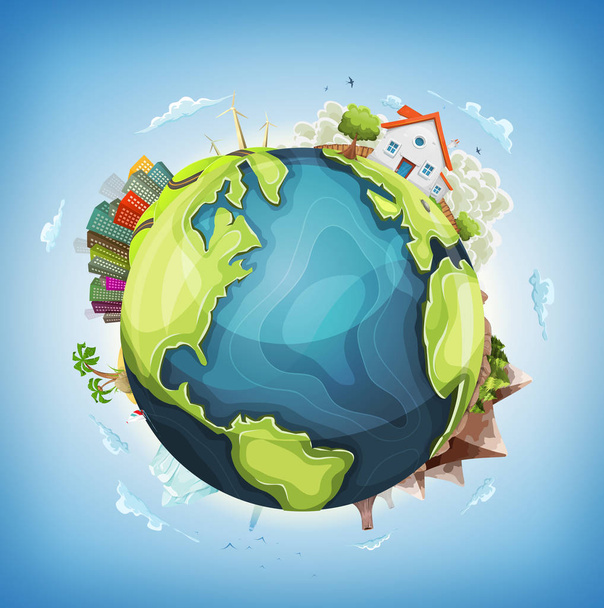 Diseño de dibujos animados planeta tierra globo con elementos de arquitectura y medio ambiente
 - Vector, imagen