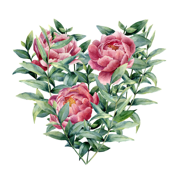 Watercolor floral heart with peony and eucalyptus. Hand painted eucalyptus branches with leaves, flowers isolated on white background. Valentines Day illustration. - Photo, Image
