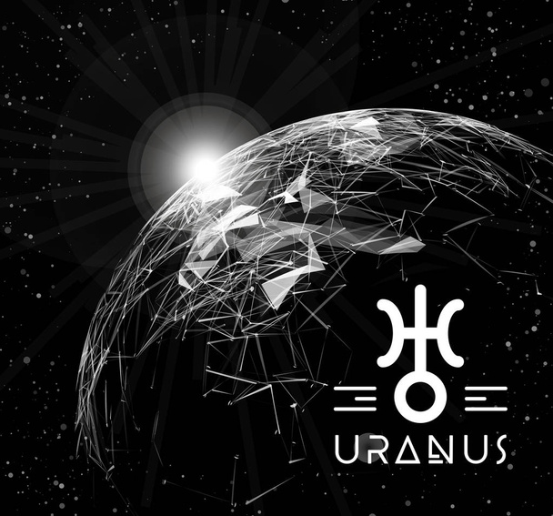 Planeta Uran w formie wielokąta siatki elementów w postaci linii i punktów. Planety w astrologii jest odpowiedzialny za nowoczesne technologie i innowacje. Wektor - Wektor, obraz
