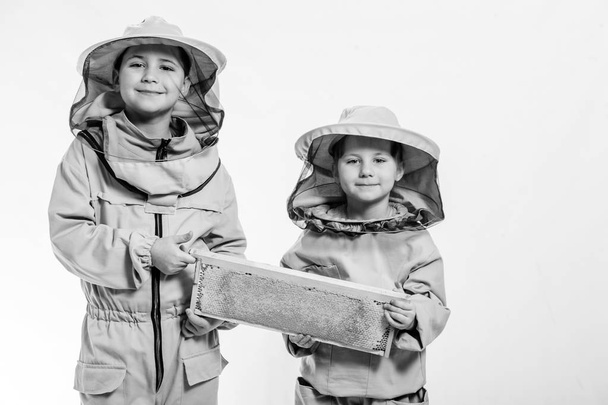 Crianças em ternos de apicultor posando em estúdio fundo branco
. - Foto, Imagem