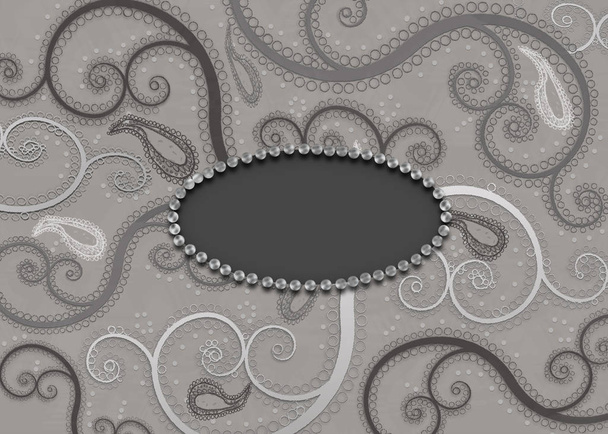 Grautöne mit spiralförmigem Paisley-Muster. drei unterschiedliche Hintergründe mit demselben Muster. nur ein Muster und die beiden anderen haben entweder eine ovale oder große quadratische Fläche für Texteinfügung mit einem Kunstperlenrand. - Foto, Bild