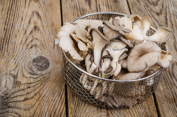Champignons d'huîtres crus sur table en bois
 - Photo, image
