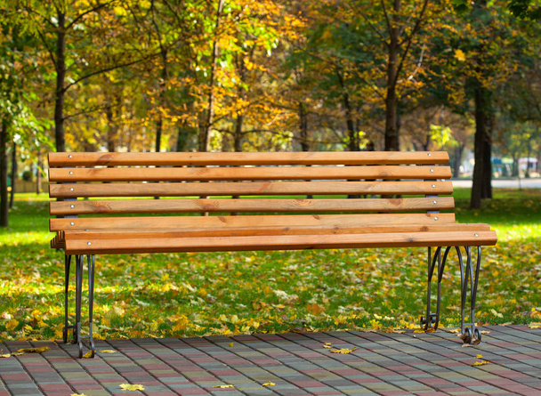 秋に地面に黄色い落ち葉嘘を背景に、公園の木製ベンチ. - 写真・画像