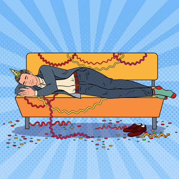 Pop-Art-Geschäftsmann schläft nach einer Firmenparty auf dem Sofa. Neujahrsfeier, Geburtstag. Vektorillustration - Vektor, Bild