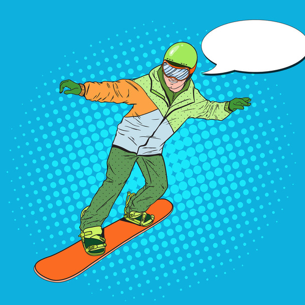 Pop Art άνθρωπος σε αθλητικά ενδύματα με Snowboard. Snowboarder κάνει το τέχνασμα. Εικονογράφηση διάνυσμα - Διάνυσμα, εικόνα