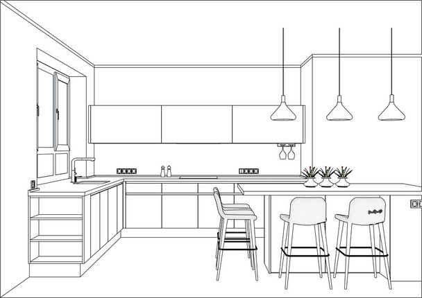 Schizzo vettoriale 3D. Cucina moderna di design in interni di casa
.  - Vettoriali, immagini