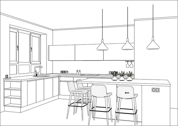 Schizzo vettoriale 3D. Cucina moderna di design in interni di casa
.  - Vettoriali, immagini