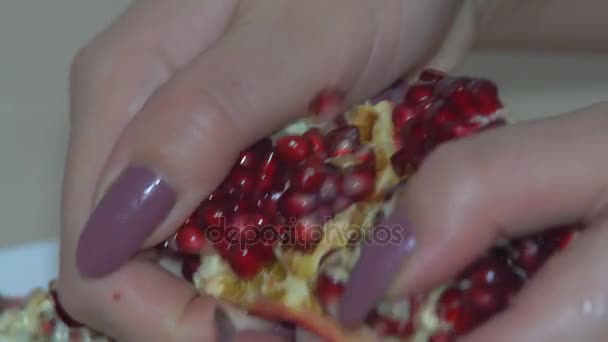 Cleaning of pomegranate fruits Cutting into pieces and cleaning the ripe red pomegranate fruit for the preparation of desserts - Materiał filmowy, wideo