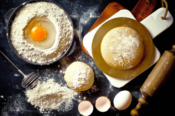 Pasta con farina su uno sfondo vecchio in una composizione con accessori da cucina
 - Foto, immagini