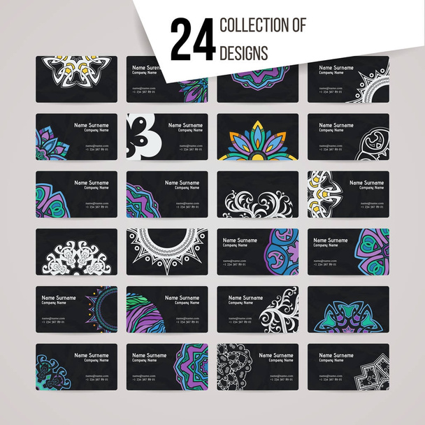 Set of vector design templates. Brochures in random colorful style. Business card with floral circle ornament. Mandala style. - Vector, Image