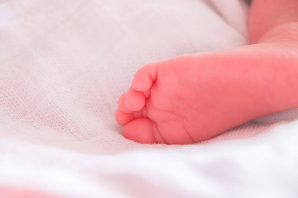 Detailní záběr baby nohy v bílé posteli - Fotografie, Obrázek