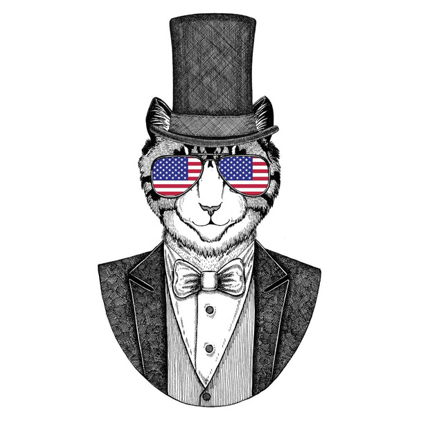 Image of domestic cat. Animal wearing jacket with bow-tie and silk hat, beaver hat, cylinder top hat. Elegant vintage animal. Image for tattoo, t-shirt, emblem, badge, logo, patch - Foto, Bild