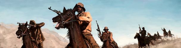 機関銃、追求と砂漠の騎手。Web サイトのバナー、印刷の図。ソマリアの海賊は、馬に乗って。アフリカの過激派、強盗、密輸業者。インテリア壁紙. - 写真・画像