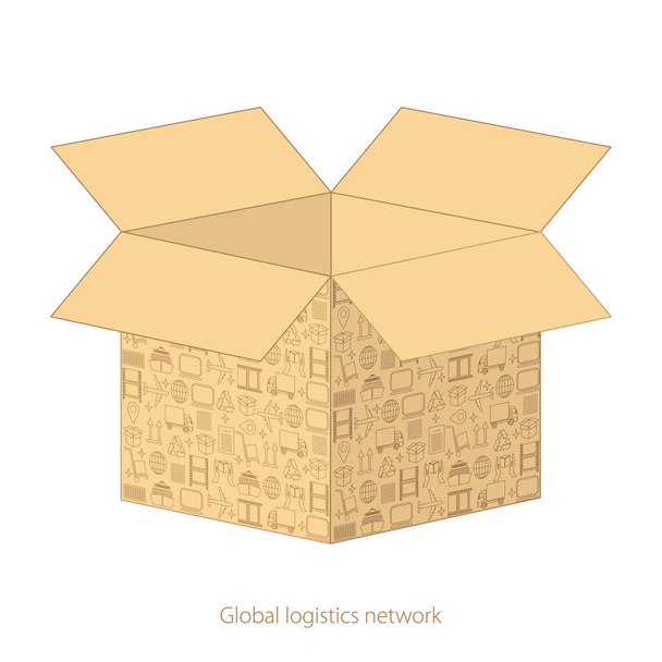 Έννοια δικτύου παγκόσμιας εφοδιαστικής. Ανοικτό κουτί από χαρτόνι με μια εικόνα από υλικοτεχνική εικονίδια. Σύνολο εικονιδίων logistics λεπτή γραμμή. - Διάνυσμα, εικόνα