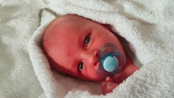 Симпатичный новорожденный, завернутый в инструмент после ванны, новорожденный мальчик всасывает пацифист - видео в 4K
 - Кадры, видео