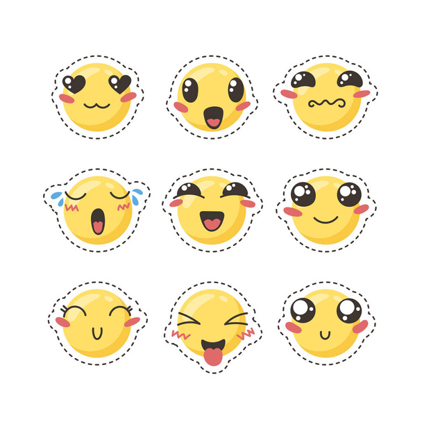 Set of cute lovely kawaii emoticon. Sticker collection. - Vector, Image