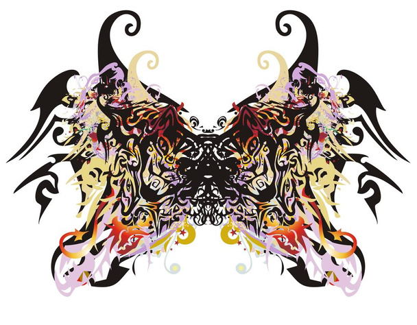 Alas de mariposa horribles. Alas de mariposa salpicadas terribles abstractas formadas por elementos de la cabeza del gato con salpicaduras de color, flechas y otros elementos decorativos
 - Vector, Imagen
