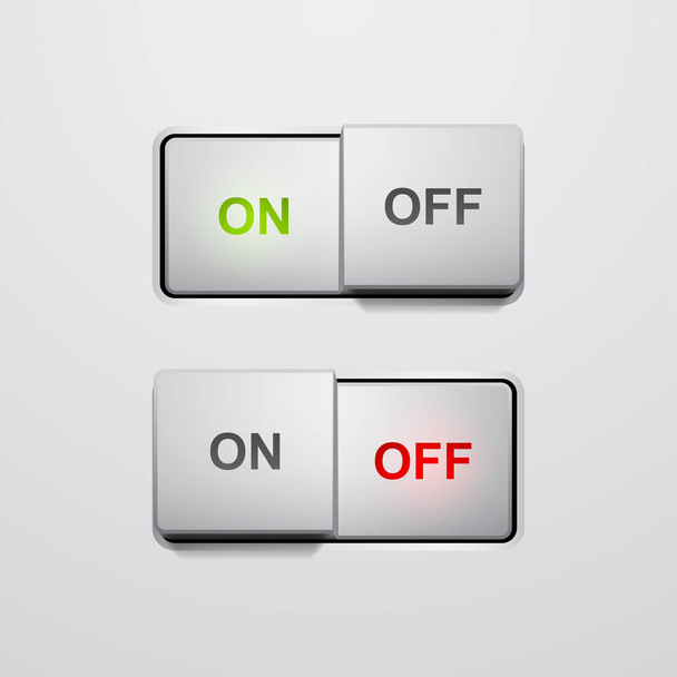 Set of realistic press button in on and off positions, vector button with light effect - Vektör, Görsel