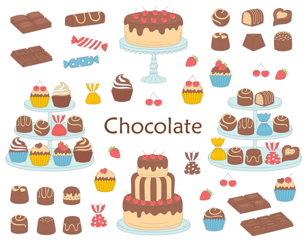 Chocolate dessert collection, with chocolate cherry cakes, chocolate bars, sweet candies and cupcakes, vector illustration. - Vector, Image
