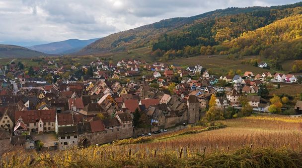 Blick auf riquewihr Dorf und Weinberge vom Hügel im Spätherbst, Elsass, Frankreich - Foto, Bild