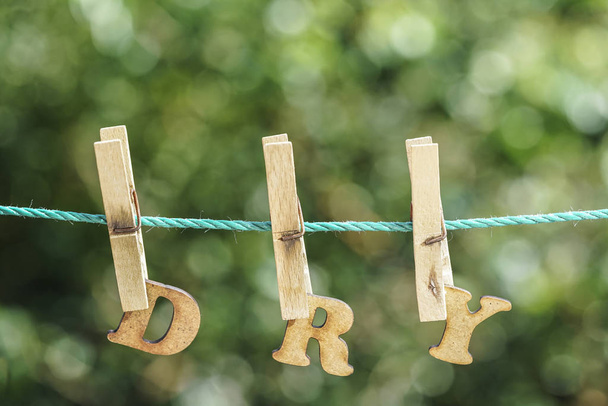 Droog word geschreven door meeloper houten letters op touw op tuin - Foto, afbeelding