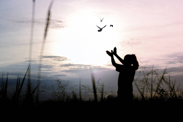 silhouette personnes faisant la main comme oiseau et libérer les oiseaux pour être la liberté et libre
 - Photo, image