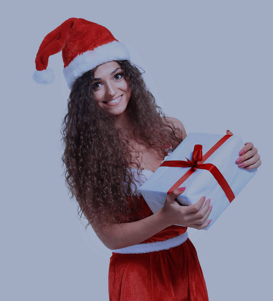 Christmas Santa isolated woman portrait hold christmas gift. - Fotografie, Obrázek