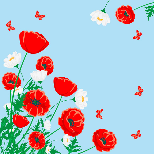 Rode papaver en witte kamille illustratie. Vector bloem met vlinder op blauw - Vector, afbeelding